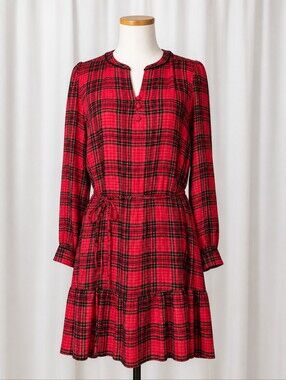 LOFT Red Tartan Plaid Velvet Trim Tie Waist Ruffle Hem Preppy Chic Festive Dress